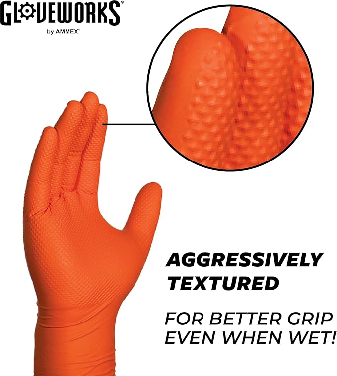 GLOVEWORKS Heavy-Duty Nitrile Gloves, Disposable, Latex Free, 8 Mil, Orange, Diamond Grip Glove