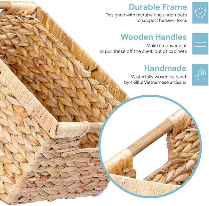 VATIMA Large Rectangular Wicker Basket with Wooden Handles for Shelves and Storage - Natural Water Hyacinth Basket for Organizing, 14.5 x 10.3 x 7.5 inches