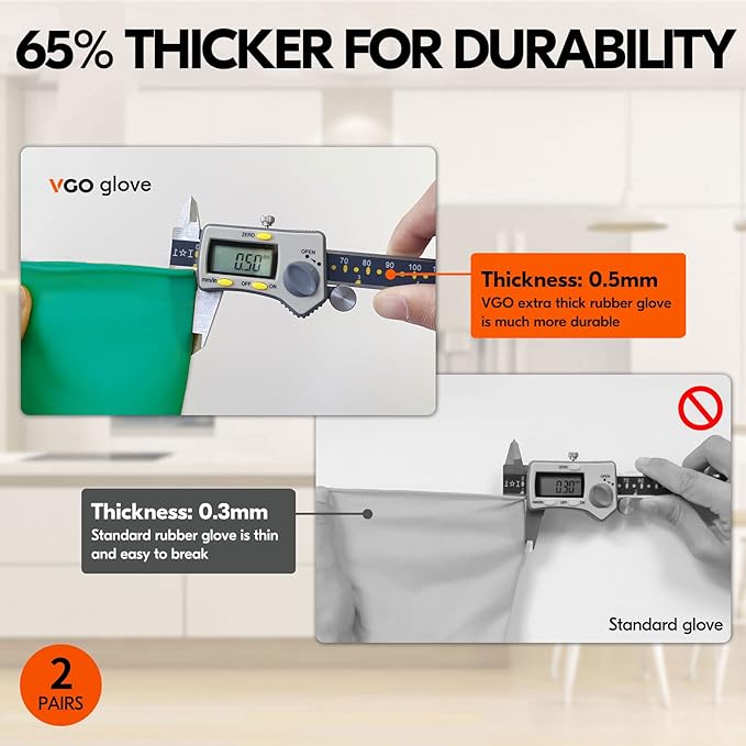 Vgo... 2-Pairs Reusable Household Gloves, Rubber Dishwashing gloves, Extra Thickness, Long Sleeves, Kitchen Cleaning, Working, Painting, Gardening, Pet Care (Size M, Green, HH4601)