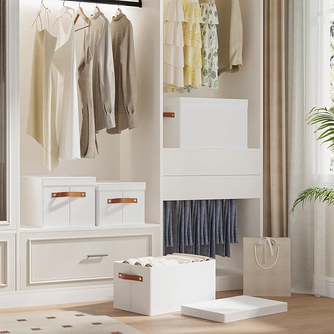 Fabric Storage Bins, 7.1 x 9.1 x 13 Inch Clothes Boxes for Shelves with Lids, Baskets for Organizing with Handles, Decorative Linen Closet Organizers, White, 1 Pack