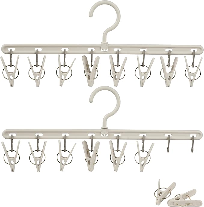 Clothes Hanger 2 Pack with 8 Clips,Clothes Drying Racks Windproof for Drying Socks Bras Underwears Baby Clothes, Hats Scarfs Towels Pants and Gloves Diaper