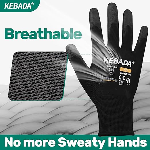 Kebada Safety Work Gloves,120 Pairs Bulk Pack, Touchscreen, PU Coated, Ideal for Warehouse, Construction, Gardening and Mechanics, Black, XX-Large