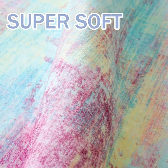 IOHOUZE Abstract Area Rugs 6x9 Ft Washable Rugs for Living Room, Non Slip Dining Room Rug, Printed Faux Wool Rugs for Bedroom, Floor Carpet for Office Nursery Playroom, Pink Teal