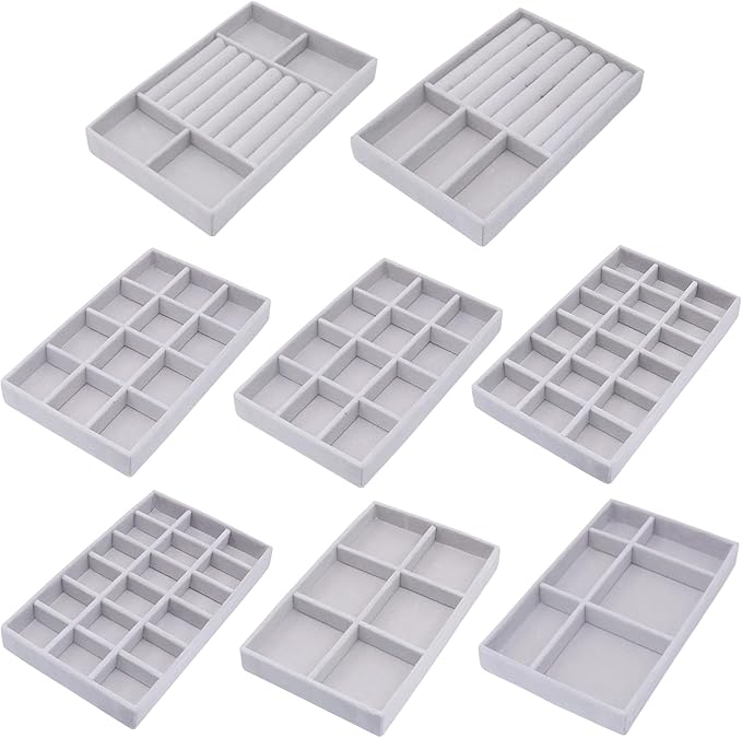 Jewelry Storage 8PACK, Velvet Jewelry Organizer Trays, 4PCS Stackable Jewelry Tray for Drawers, Grey Organizer for Rings, Earrings, Necklaces, Watches, Bracelets, Brooches