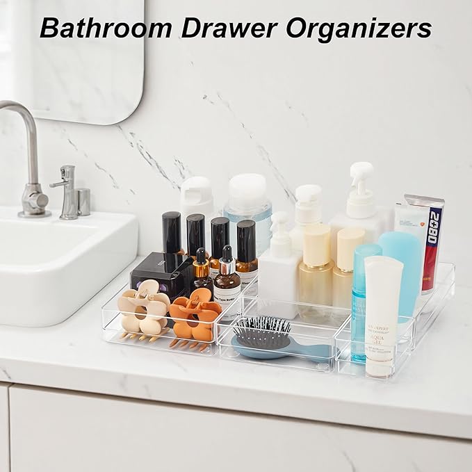 SMARTAKE 7-Piece Drawer Organizer with Non-Slip Silicone Pads, 4-Size Desk Drawer Organizer Trays Storage Tray for Makeup, Jewelries, Utensils in Bedroom Dresser, Office and Kitchen (Clear)