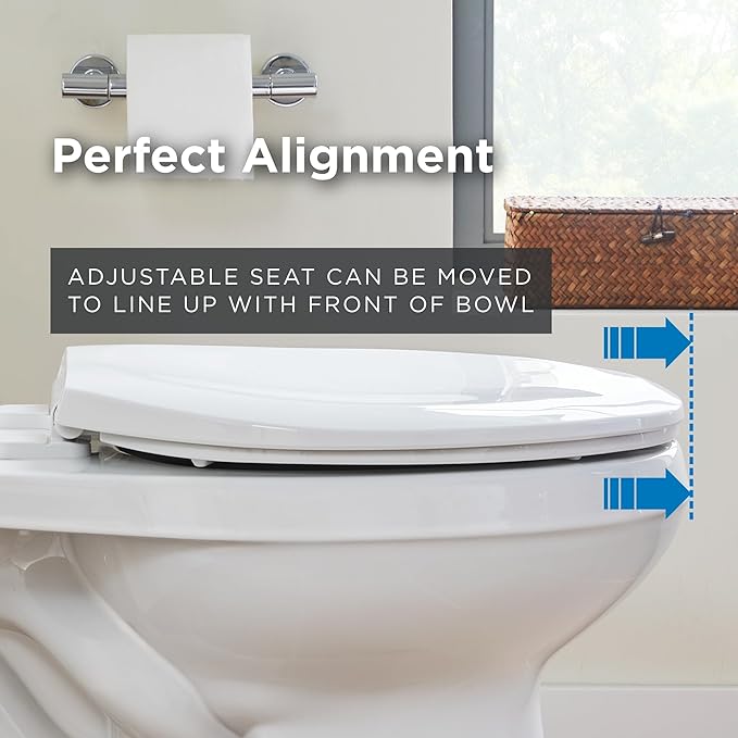 Gerber Universal Elongated Toilet Seat with Cover, Soft Close, Top Mount, Easy Install, Heavy-Duty Plastic, Adjustable Fit for Standard Elongated Toilets, Fade-Resistant, White G0099849