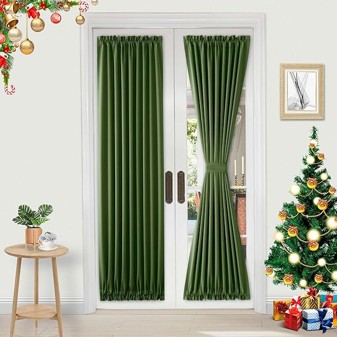 DWCN French Door Curtains – Rod Pocket Thermal Blackout Curtain for Window/Patio Doors/Doorways/Classroom/Kitchen for Privacy, 23W by 72L Inches, 1 Panel with Tieback, Olive Green