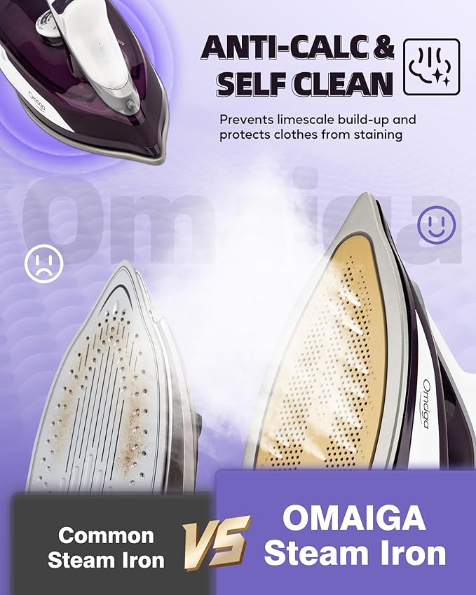 Steam Iron for Clothes - 1750W Iron with Upgrade Double-Layer Ceramic Soleplate, Burst of Steam, 3-Way Auto-Off, Self-Cleaning, Anti-Calc, 13.5oz Water Tank Ironing Clothes for Home, Purple