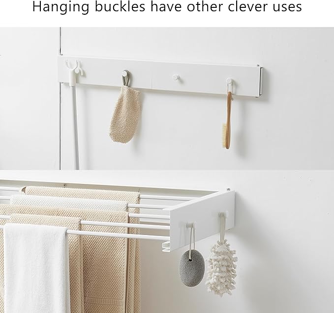 Clothes Drying Rack,Laundry Hanging Rack Collapsible,Wall Mounted Drying Rack for Laundry,Foldable Drying Rack Indoor Outdoor,31.5" Wide,5 Aluminum Rods with Hooks, 60 lb Capacity (White 31.5" Hooks)