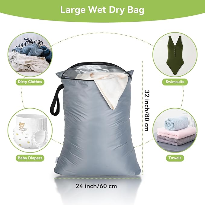 OTraki 2Pcs Exlarge Wet Bag 24x32 inch Reusable Waterproof Wet Dry Bag with Zipper Handle Wet Clothes Blanket Bedding Coat Sweater Machine Washable Laundry Bag for Travel Hotel Camping, Black & Grey