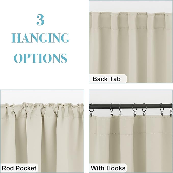 RYB HOME Room Darkening Curtains 2 Panels Set, Energy Efficient Privacy Drapes Back Tabs Small Wondow Shades for Basement Bathroom Kids' Room, 42-inch Wide by 63-inch Long, Beige
