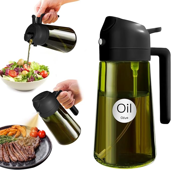 YARRAMATE 16oz/470ml Light-Blocking Dark Oil Sprayer for Cooking, 2 in 1 Olive Oil Dispenser Bottle for Kitchen, Premium Dark Green Glass Oil Bottle, Food-Grade Oil Mister for Air Fryer, BBQ (Black)