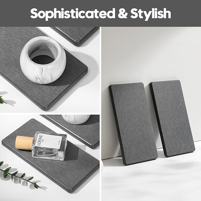 2PCS 7" x 3.5" Water Absorbing Bathroom Sink Vanity Trays, Diatomite Stone Quick Drying Mat for Kitchen Counter, Dish Rack Dispensers Sponge Holder Caddy Organizer, Dark Gray, 7"x3.5"