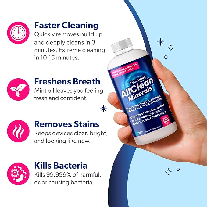 EverSmile AllClean Minerals – Deep Cleaner for Retainers, Clear Aligners, Invisalign, Dentures, Night & Mouth Guards – Removes Stains, Odors & Plaque in 3-Minutes – Up to 120 Uses (300g), 3 Pack