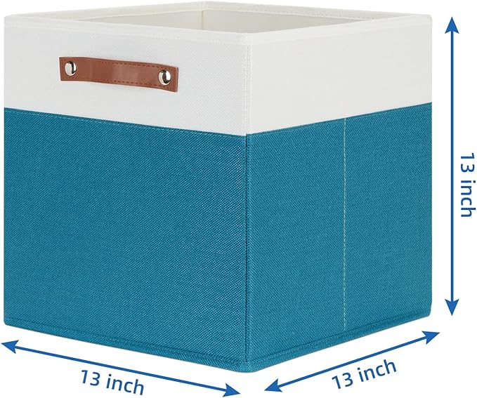 Temary Cube Storage Bins Storage Cube Bins for Home, 4 Pack Fabric Storage Bins for Organization, Storage Cubes 13x13 Cube Baskets with Leather Handles (White&Teal)