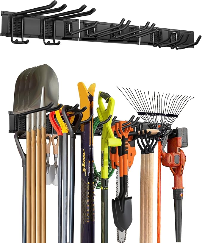 48-Inch Garage Storage Tool Organizer with 8 Hooks - Heavy Duty Metal Rack for Garage Organization, Garden Tool Organizer - Wall Mounted Tool Hanger for Shovels, Ladders, Lawn Tools