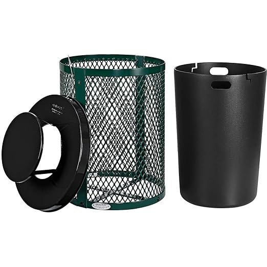 Global Industrial Outdoor Diamond Steel Trash Can with Rain Bonnet Lid and Plastic Liner, 36 Gallon Capacity, Green, Thermoplastic Coating, 23-1/2" Diameter, 40-1/2"H