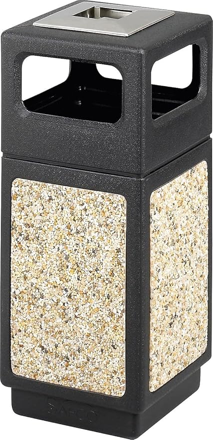 Safco Canmeleon Trash Can, 15 Gallons, Indoor and Outdoor Use, Durable & Weather-Resistant Commercial Garbage Can with Ashtray and Stone Panels, Black
