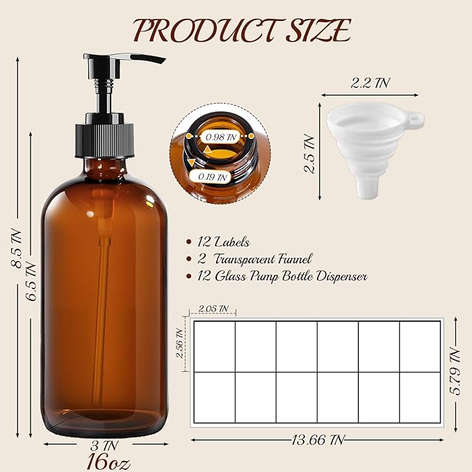 12 Pack Amber Glass Bottles 16oz with Pump Dispensers, Refillable Empty Pump Bottles for Bathroom, Kitchen, Shampoo, Soap, Lotion – Includes 2 Funnels & 12 Labels
