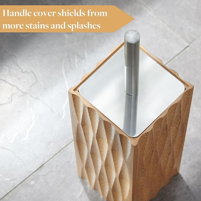GOBAM Bamboo Toilet Bowl Cleaner with Holder for All Toilet Types, Hidden Stainless Steel Toilet Brush, Bathroom Cleaning Brushes, Toilet Accessories - Natural, with Pattern