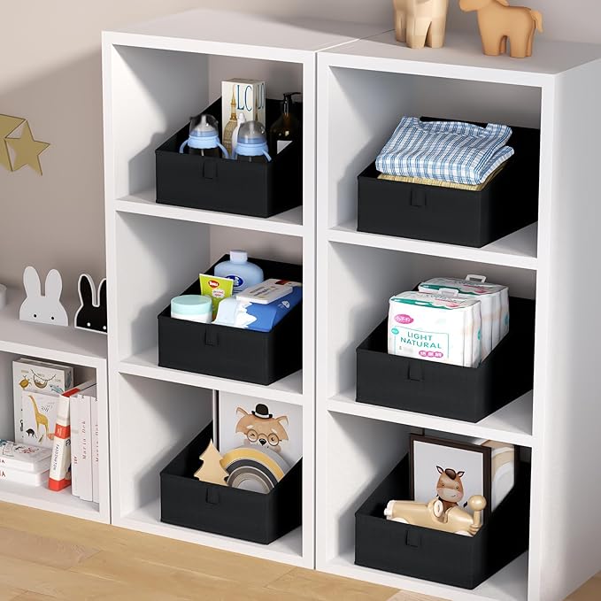 DIMJ Closet Storage Bins 8 Pack - Fabric Trapezoid Closet Organizer Bin, Foldable Storage Baskets for Shelves, Closet Shelf Organizer, Clothing Storage Box for Toys, Books, Towel, Clothes, Black