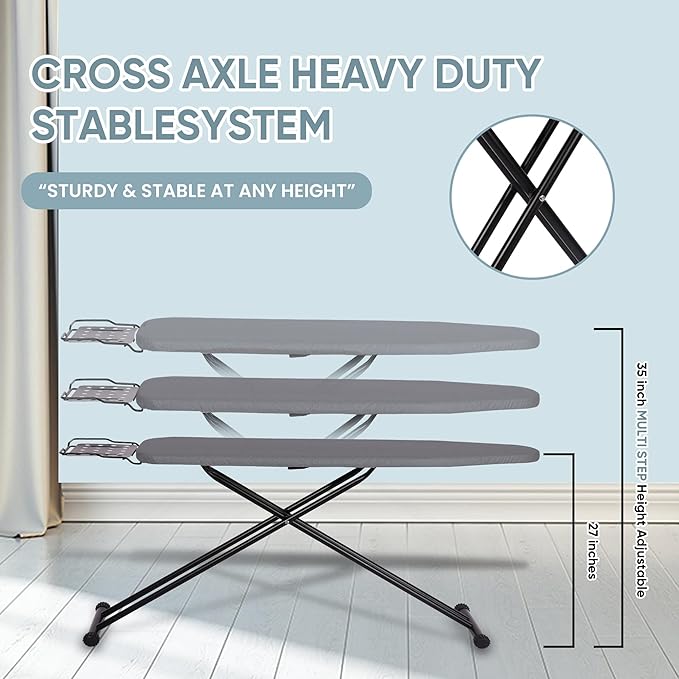 Deluxe Ironing Board with Heat Resistant Cover and Thicken Felt Pad, Heavy Sturdy Legs,Full Size Hanger Iron Board,Foldable (L-Grey)