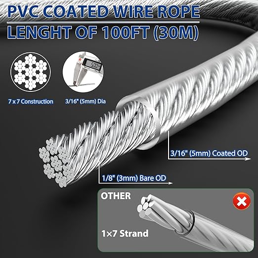 3/16" Wire Rope Kit, 100Ft PVC Coated Steel Cable Guide Wire Tensioner Strainer Kit w/ 7×7 Strand Core Steel Wire for String Light Hanging Kit/Decking & Stair Railings/Shade Sails/Clothes Line