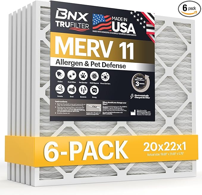 BNX TruFilter 20x22x1 Air Filter MERV 11 (6-Pack) - MADE IN USA - Allergen Defense Electrostatic Pleated Air Conditioner HVAC AC Furnace Filters for Allergies, Dust, Pet, Smoke, Allergy MPR 1200 FPR 7