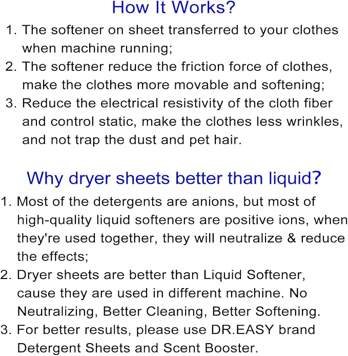 DR.EASY Dryer Sheets Plant Based Formula 252 Ct BLUE OCEAN,Softener sheets for Laundry Unscented No Dyes Reduce Static & Wrinkles Help Repel Pet Hair
