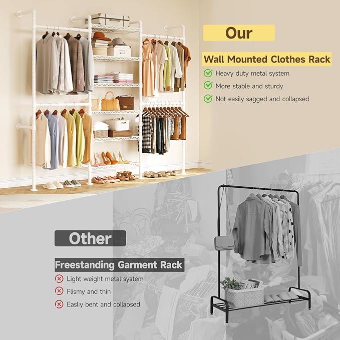 ONBRILL H3 Wall Mounted Closet System, Expandable Industrial Pipe Clothes Rack Clothing Rack for Hanging Clothes, Heavy Duty Closet Organizers and Storage in Wardrobe Closet, White