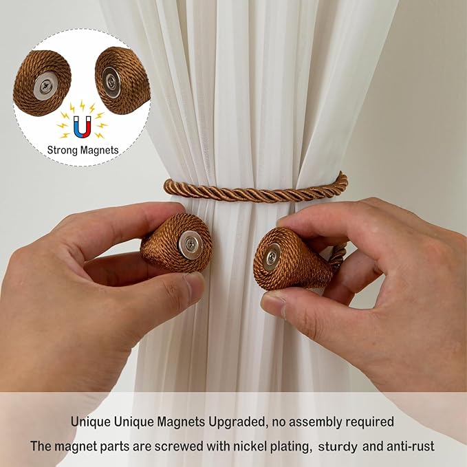 Magnetic Curtain Tiebacks 4 Pack Outdoor Rope Curtain Tie Backs Decorative Window Treatment Holdbacks for Home Decorative Curtain, Khaki