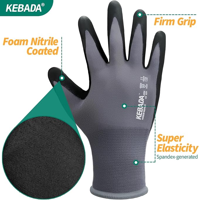 12 Pairs Work Gloves for Men and Women, Nitrile Coated Safety Protective Gloves with Grip, Ideal for Gardening, Warehouse, Mechanic, Light Duty Construction Work,Large