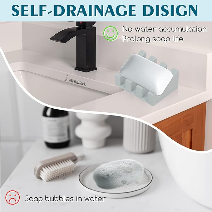 Silicone Soap Dish for Bar Soap Holder for Shower Bathroom Self Draining Waterfall Drying Tray Keep Soap Bars Dry Clean & Easy Cleaning (Light Grey, 2)