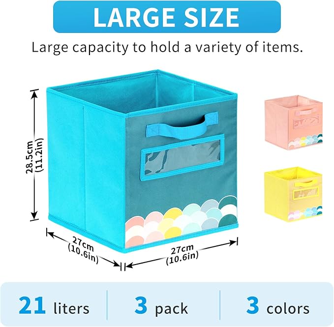 Cube Storage Bins, 3 Pack 11 Inch Fabric Storage Bins with Handle and Label Window, Foldable Storage Cubes, Colorful Fabric Bins for Kids Room, Classroom Organization and Storage, Clothes, Toys