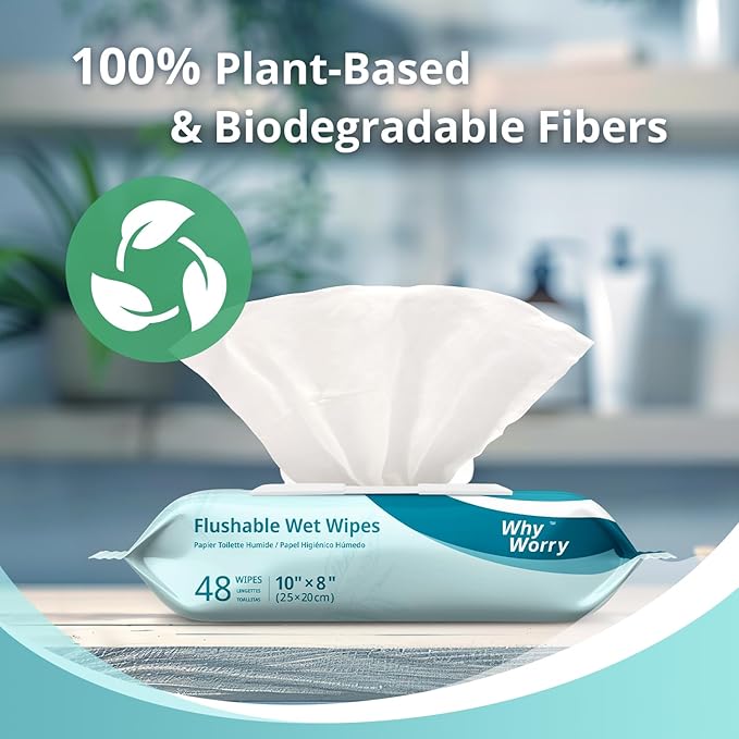 WhyWorry Flushable Wipes for Adults, Extra Large 8"x10" Butt Wipes for Personal Hygiene & Cleansing, with Chamomile and Vitamin E, 100% Plant-Based, Septic & Sewer Safe, Unscented, 48 Count