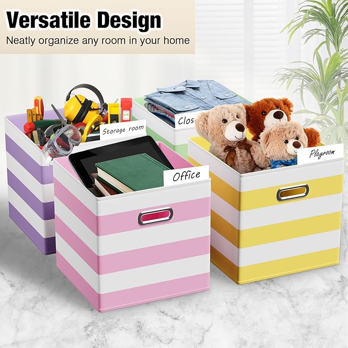 6 Pcs Fabric Storage Cubes Bins with Metal Handle Christmas Storage Bin 11 Inch Macaron Colored Striped Collapsible Bins Holiday Storages Organizer for Gift Books Kids Room Closet and Toys