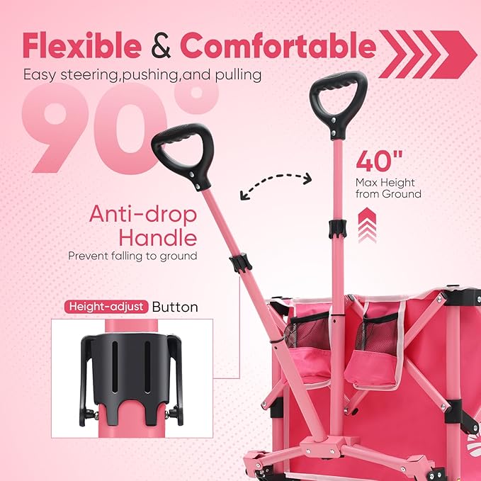 Sekey Pink Collapsible Foldable Wagon with 330lbs Weight Capacity, Heavy Duty Folding Wagon Cart with Big All-Terrain Wheels & Drink Holders. Pink