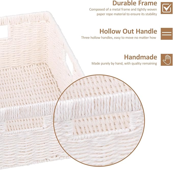 OIAHOMY Wicker Basket, Paper Shelf Basket with Built-in Handles, Rectangular Wicker Storage Bin for Pantry, Shelves, 1 Pack-White