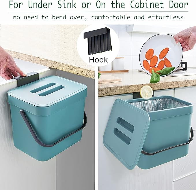 LALASTAR Kitchen Compost Bin, Hanging Trash Can with Lid for Kitchen Cabinet Door, Under Sink, Wall Mounted Waste Bin for Bathroom, 1.8 Gallon, Blue