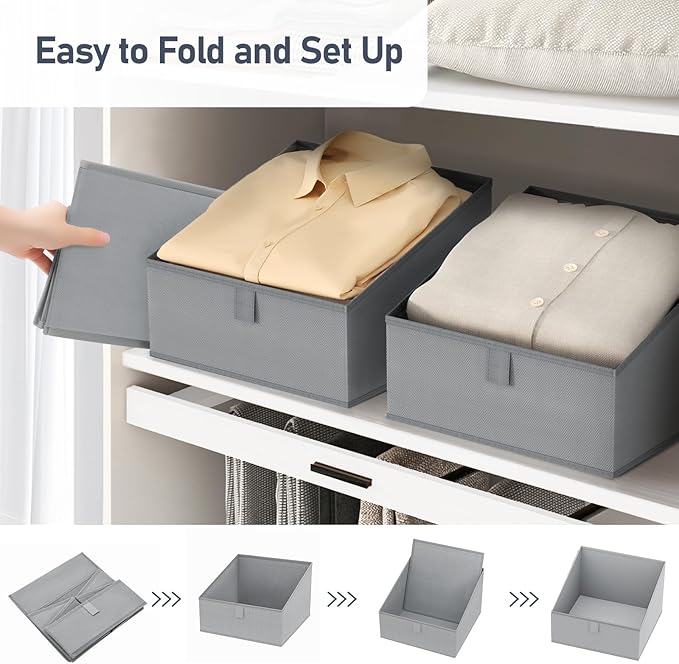 DIMJ Storage Bins for Closet, Trapezoid Storage Bins with Front Handle, Fabric Storage Baskets for Shelves, Line Closet Organizers for Toys, Boooks, Clothes, 6 Packs (Grey)