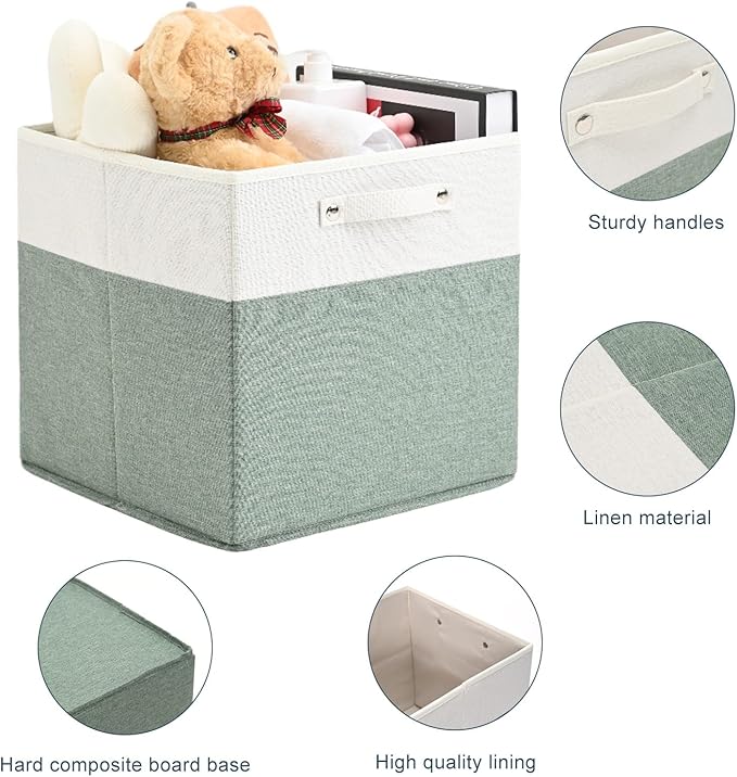 13 x 13 Inch Fine Linen Storage Bins with Handles，Fabric Cube Boxs，Collapsible Basket Organizers for Shelves for Home, Closet Drawers (White/Green-4 Pack )