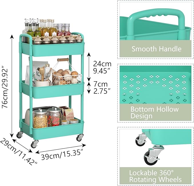 Sywhitta 3-Tier Plastic Rolling Utility Cart with Handle, Multi-Functional Storage Trolley for Office, Living Room, Kitchen, Movable Storage Organizer with Wheels, Green
