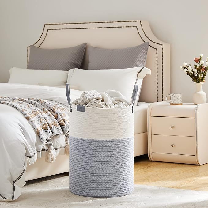 VIPOSCO Tall Laundry Basket, Large Dirty Clothes Hamper with Leather Handle, Woven Rope Storage Basket for Blanket, Toy In Living Room, Bathroom, Bedroom - 72L Grey & White