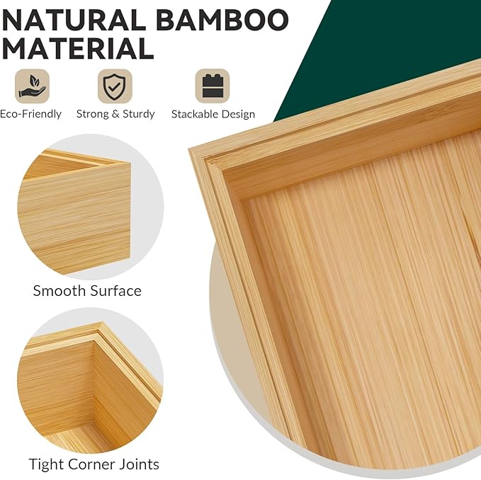 Bamboo Drawer Organizer - Silverware & Utensil Organizer, Stackable, 2 Pcs, Wooden Storage Box Tray (Bamboo, 12 X 6 X 2 Inch)