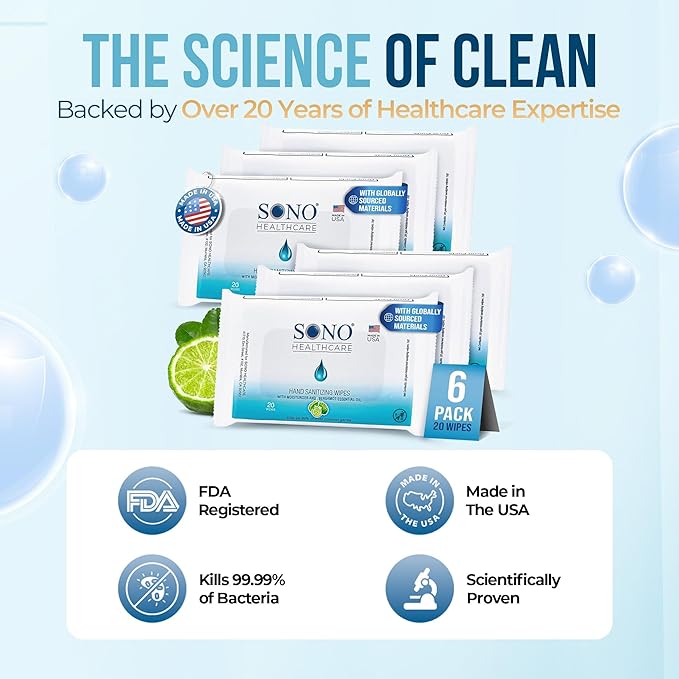 SONO Alcohol-Free Sanitizing Hand Wipes with Bergamot & Aloe Essential Oil - Hospital-Grade Disinfectant - Individually Wrapped Travel Size - 6 Packs of 20 - Gentle Cleaning & Germ Protection Anywhere
