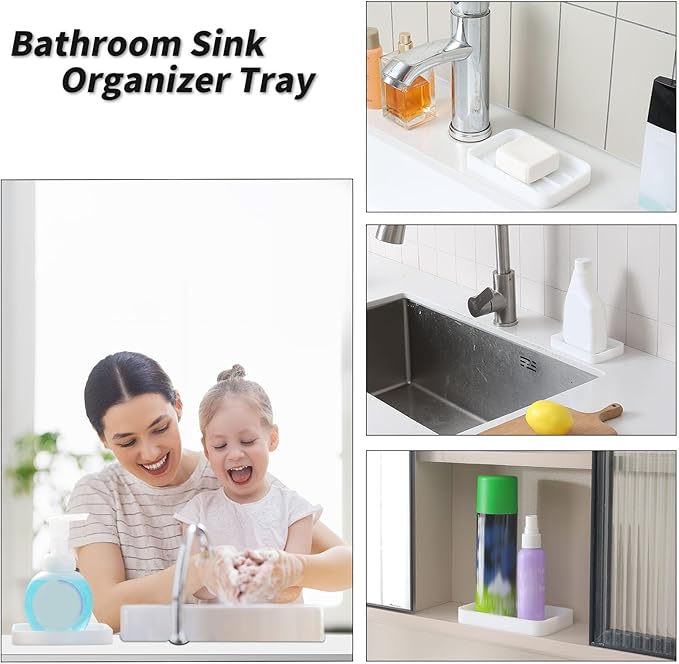 Silicone Kitchen Sink Organizer Tray for Multiple Usage,Easy Clean Sponges Holder for Kitchen Bathroom Counter or Sink,Dish Soap Dispenser,Scrubber,Bottle,Cup White 4.9”x 3.2”
