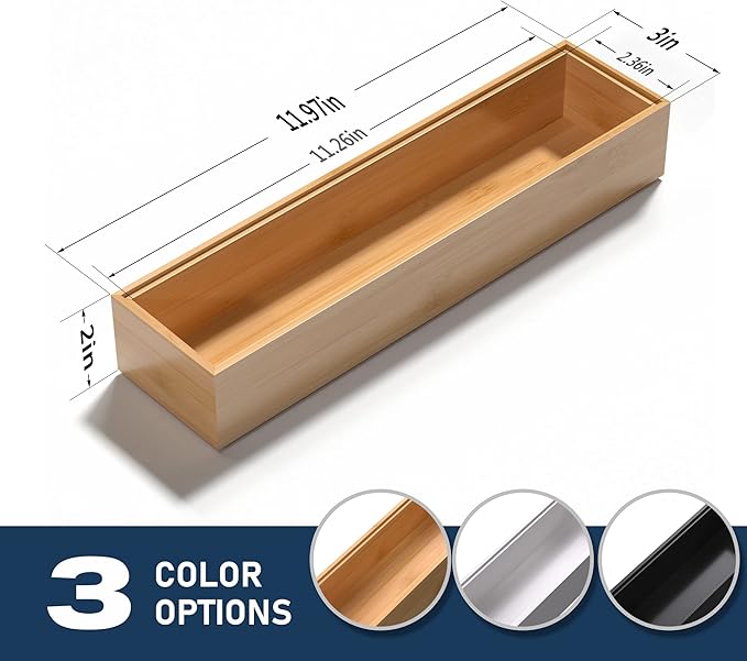Silverware Tray for Drawer, Stackable Kitchen Bamboo Drawer Organizer 12" x 3" x 2" Set of 2