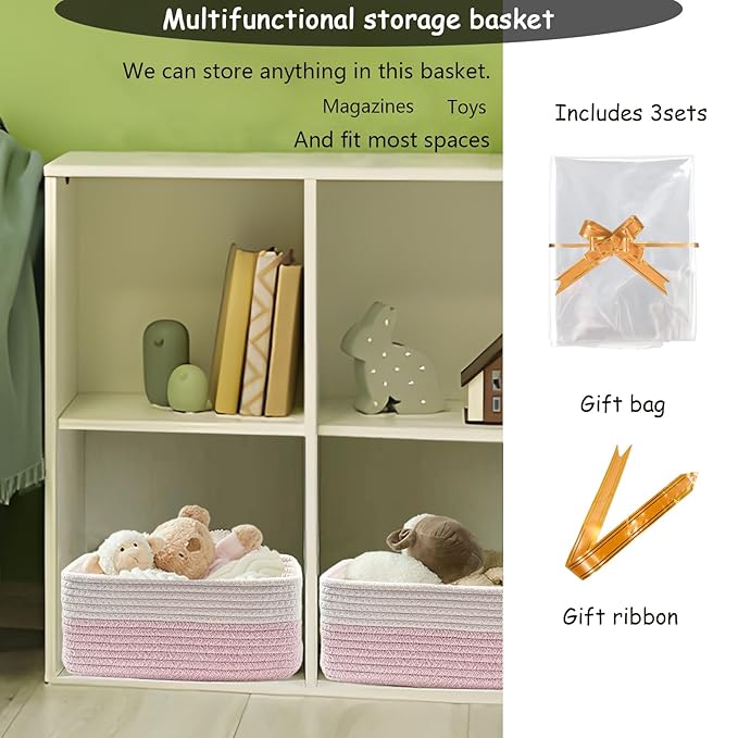COMFY-HOMI 13" x 8.5" x 5.1" Storage Baskets for Organizing | Cotton Rope Woven Basket | Toy Storage Bin Box | Basket for Shelves, Closet Organizer Bin, Decorative Closet Shelf, 3 Pack, white/pink