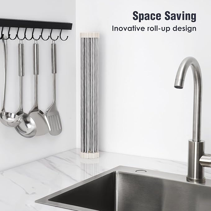 Tomorotec 17.7" x 12.5" Roll Up Dish Drying Rack Over Sink Drying Rack Sink Cover Kitchen Sink Accessories Gadget Multipurpose Organizer Foldable Stainless Steel Drainer