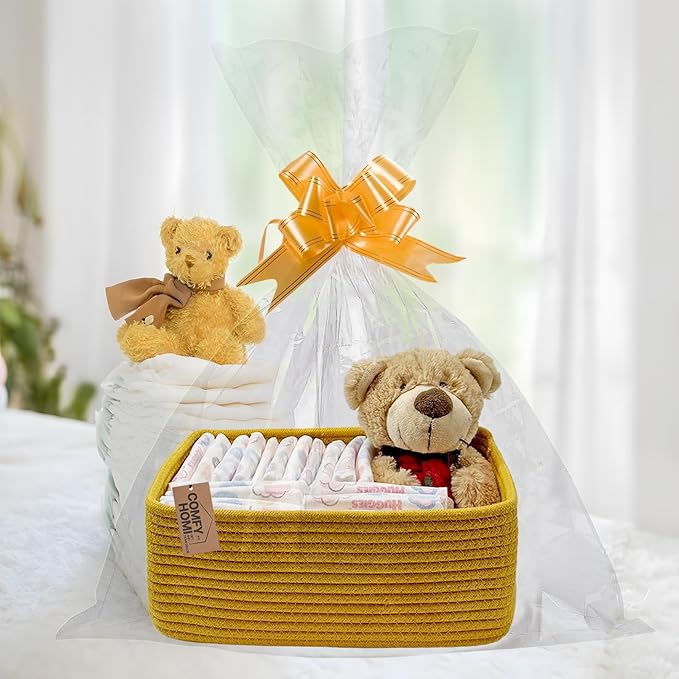 COMFY-HOMI 13" x 8.5" x 5.1" Storage Baskets for Organizing | Cotton Rope Woven Basket | Toy Storage Bin Box | Basket for Shelves, Closet Organizer Bin, Decorative Closet Shelf, 3 Pack, Yellow